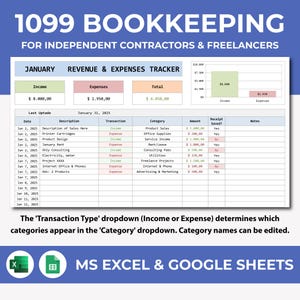 1099 Bookkeeping Spreadsheet, Excel & Google Sheet, Finance Spreadsheet,Income Expense Tracker, Profit Loss Accounting, 1099 Tax Bookkeeping