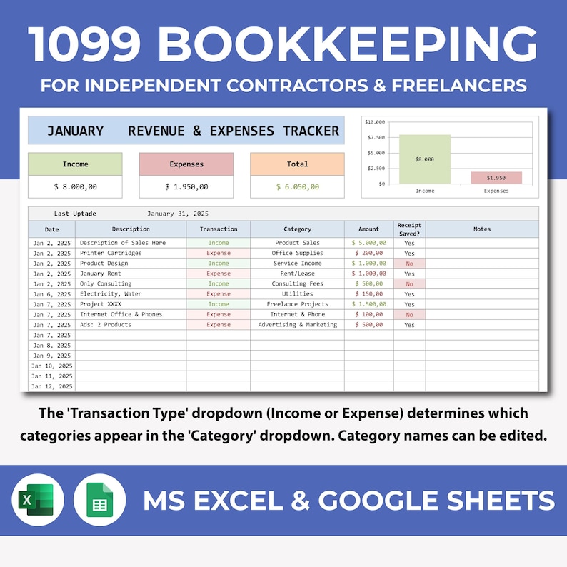 1099 Bookkeeping Spreadsheet, Excel & Google Sheet, Finance Spreadsheet,Income Expense Tracker, Profit Loss Accounting, 1099 Tax Bookkeeping