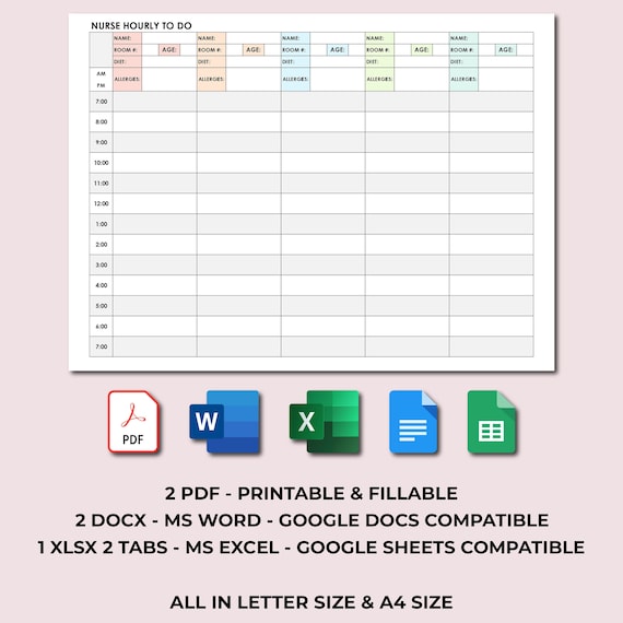 Nursing Task List: Daily Nurse Planner, Patient Care Sheet, Shift Organizer, and Healthcare Schedule Manager. PDF Fillable, Word & Excel.
