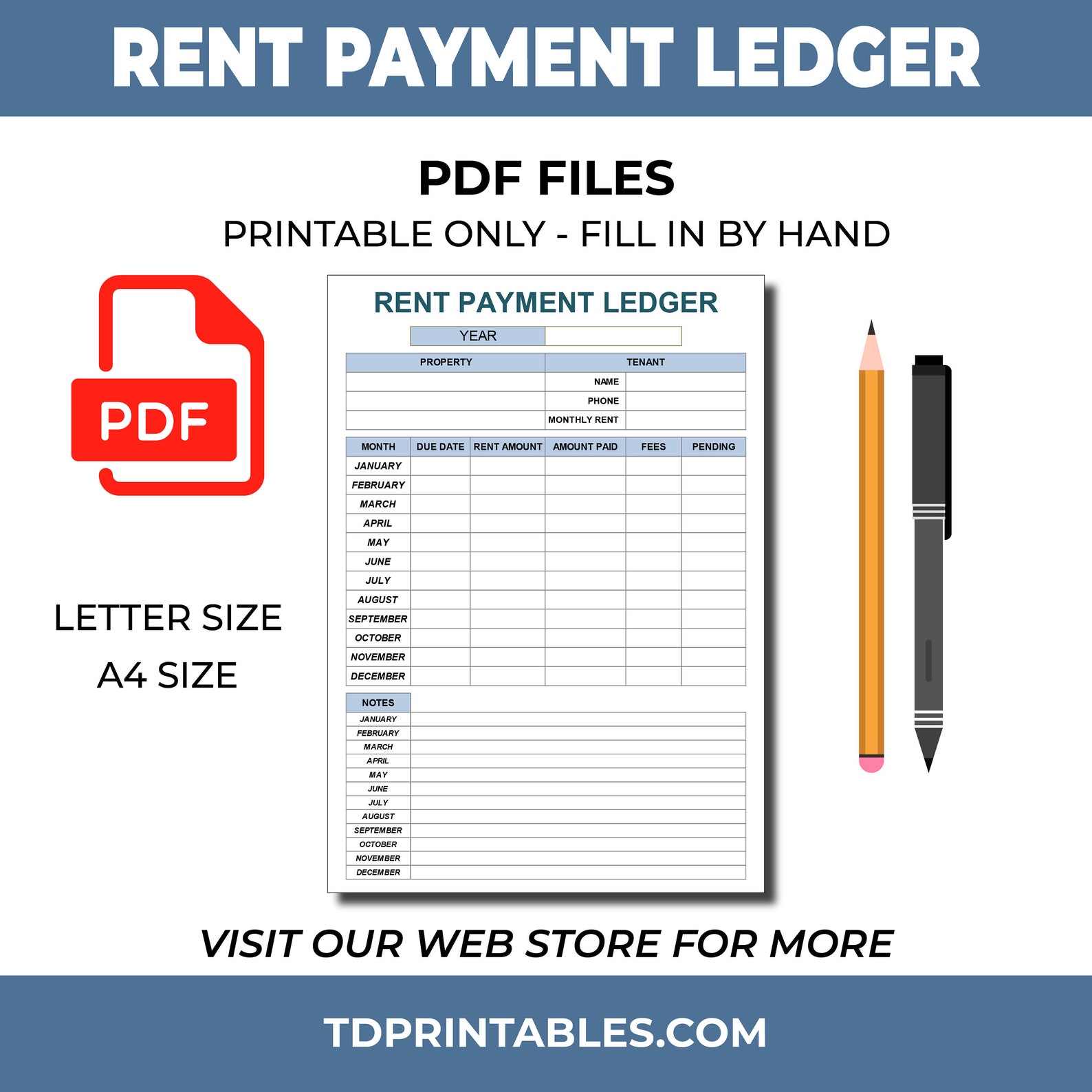 Rent Payment Ledger. PDF Printable Rent Payment Tracker. Rental Payment Log. Landlords Tenants ...