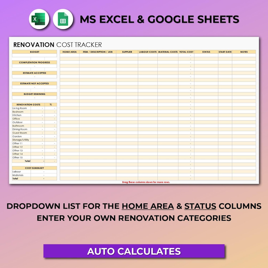 Simple Renovation Tracker | Google Sheets & Excel Budget Spreadsheet ...