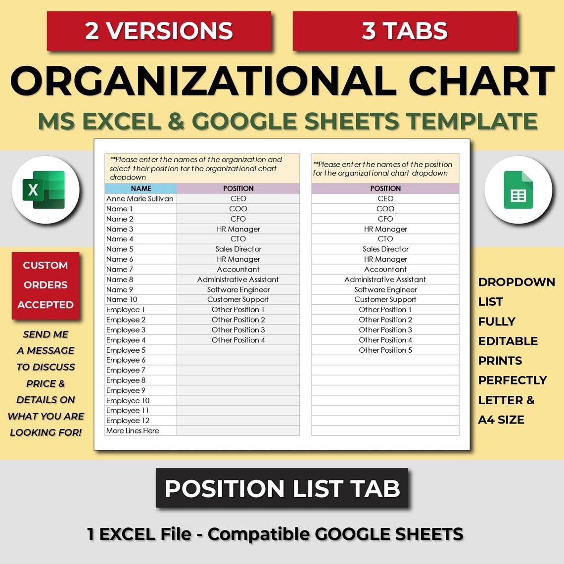 Org Chart Excel & Google Sheets. Employee Structure Template. Employee ...