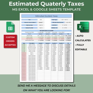 May include: A spreadsheet template for calculating estimated quarterly taxes. The template includes sections for income, expenses, and net profit, with columns for each quarter of the year and a year-to-date total. The template is designed for use with Microsoft Excel or Google Sheets.