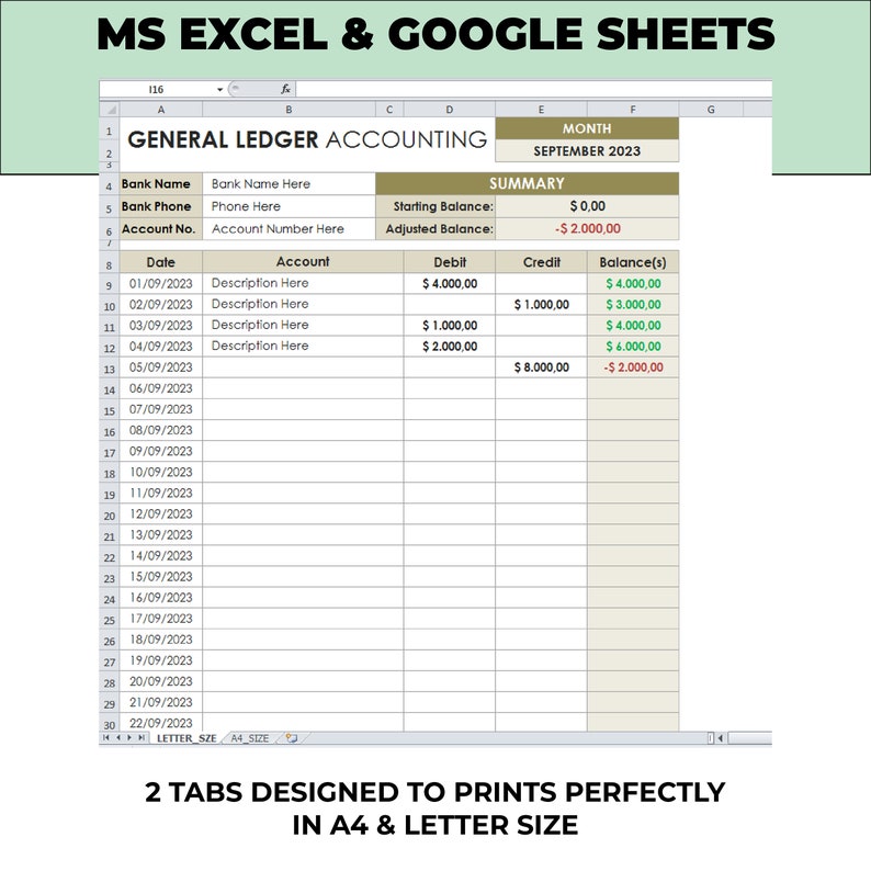 General Ledger Accounting Printable, General Ledger SpreadSheet, Money Tracker,Bookkeeping Template, Editalbe EXCEL / Google Sheets Template