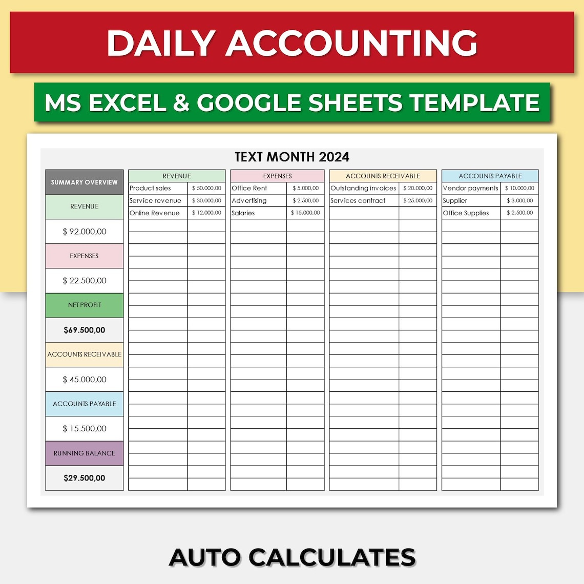 Daily Accounting Spreadsheet Template. Daily Finance Tracker. Accounting Log.accounting Record ...