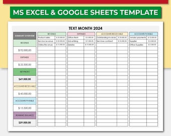 Daily Accounting Spreadsheet Template. Daily Finance Tracker. Accounting Log.Accounting Record Sheet.Revenue, Expenses, Receivable, Payable.