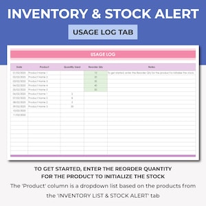 May include: A pink and purple table with a white grid and text that says "Inventory & Stock Alert" and "Usage Log Tab". The table has columns for date, product, quantity used, reorder quantity, and notes. The table is used to track inventory and stock levels.