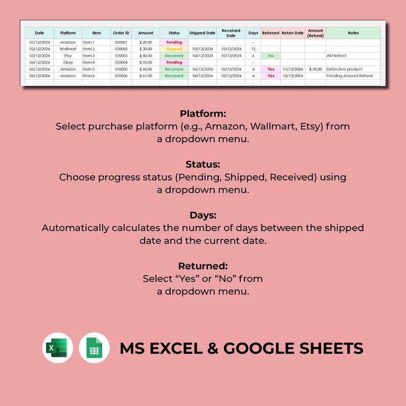 Purchases & Returns Tracker Spreadsheet Template, Excel Google Sheets ...