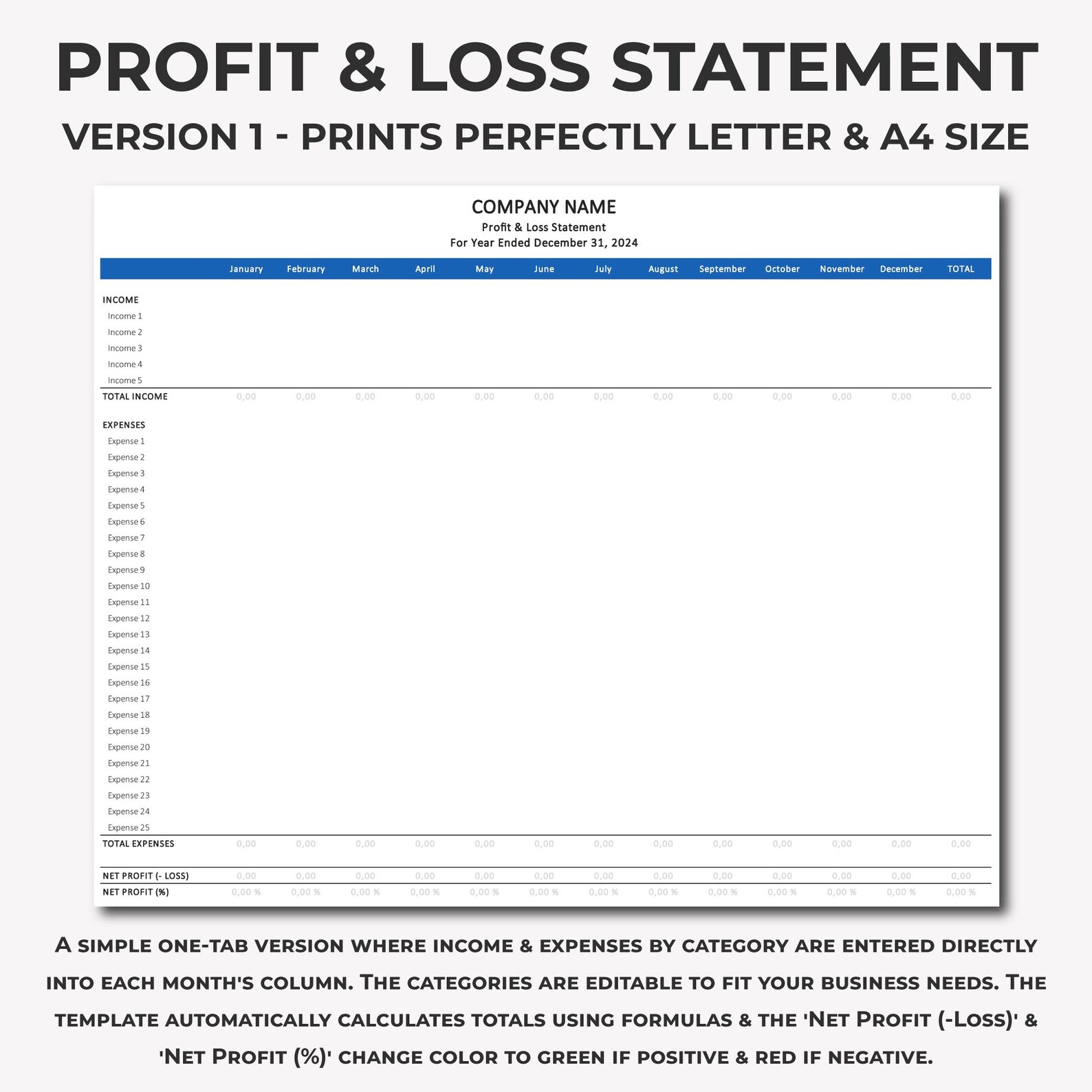 Monthly Profit Loss Statement Template Excel Google Sheets Template 