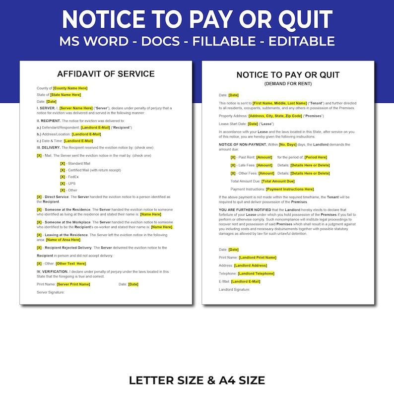 Rent Due Notice, Past Due Rent Notice, Notice to Pay Rent or Leave ...