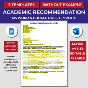 Carta de recomendación académica. Plantilla de carta de referencia. Plantilla de carta personalizable. Hojas de cálculo de Word y Google. Becas, escuela secundaria