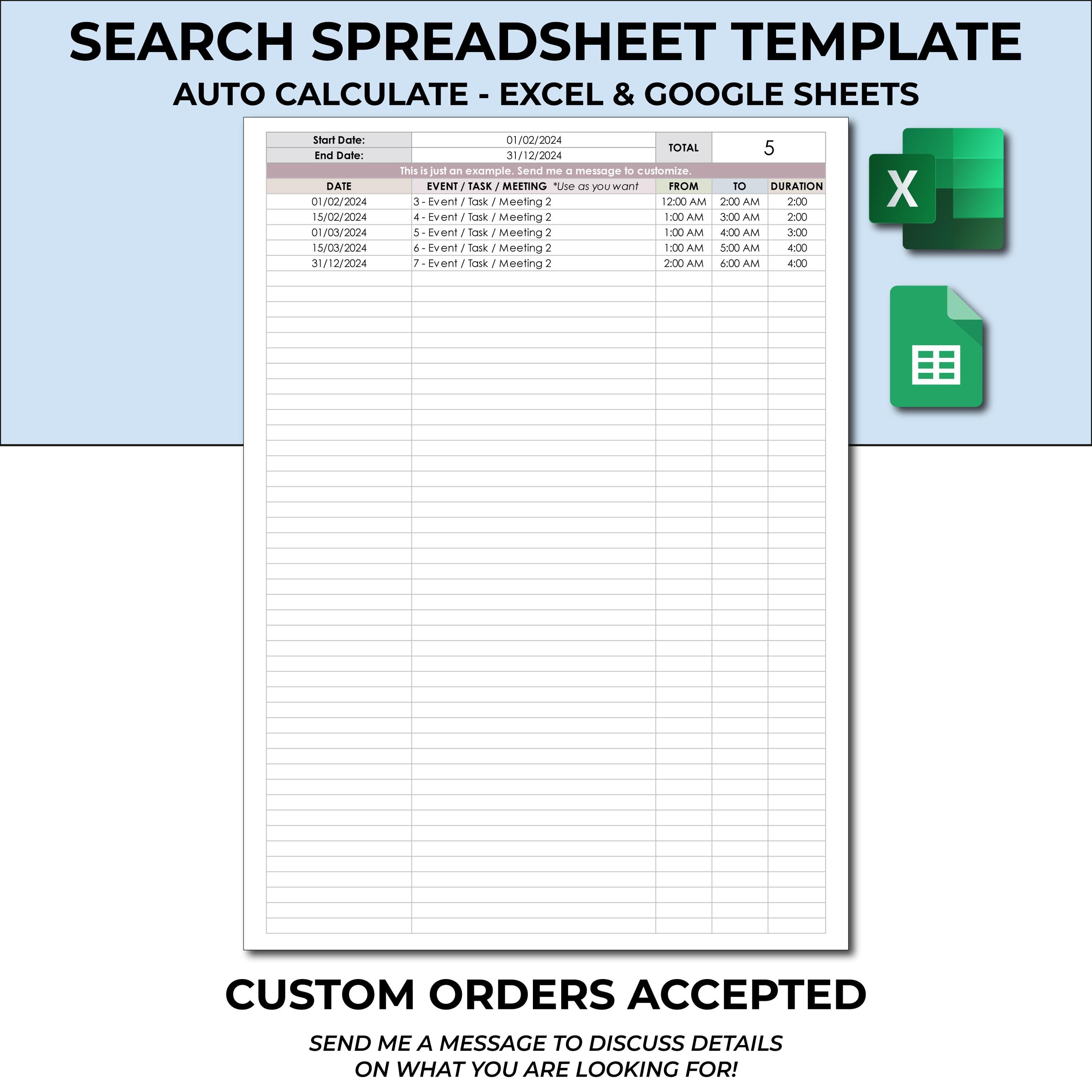 Search by Dates Spreadsheet Template. Excel & Google Sheets. Event Date ...