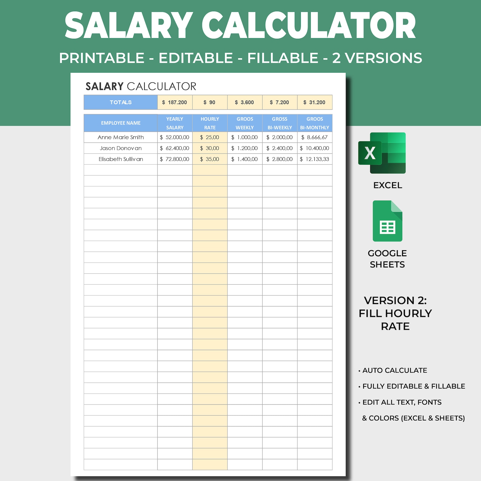 Salary Calculation Template: Excel & Google Sheets. Employee ...