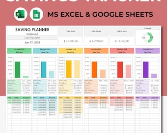 Savings Tracker Spreadsheet Excel & Google Sheets, Budget Planner, Savings Spreadsheet, Sinking Fund Dashboard, Saving Goals Template