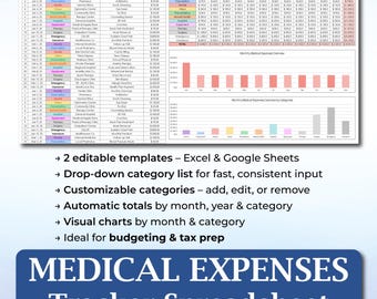 Medical Expenses Preparation Tracker | Spreadsheet Template | Medical Records & Tax Prep | Hospital Invoices Tracker | Insurance Statements