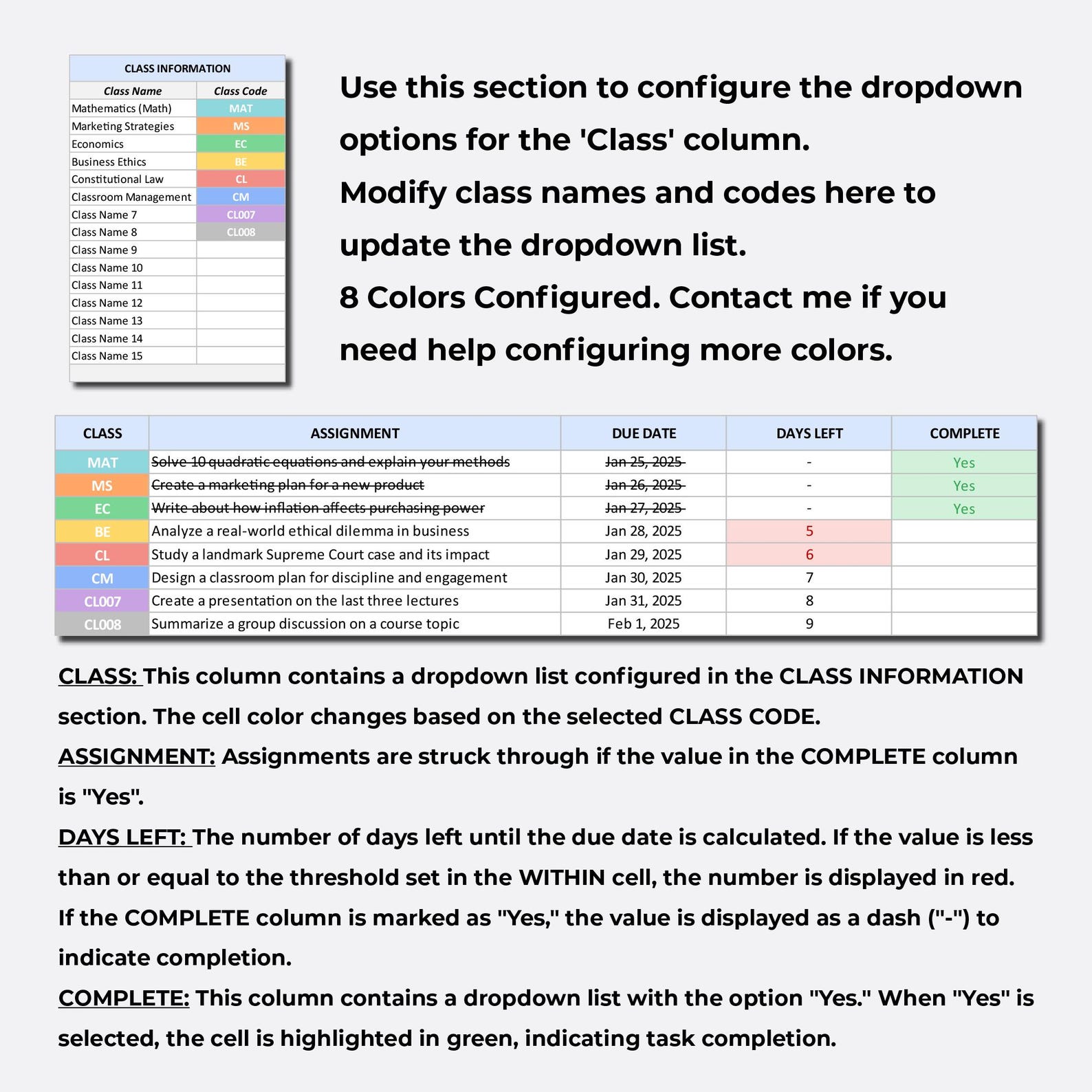 Assignment Tracker, School Spreadsheet, Excel 365 Google Sheets ...