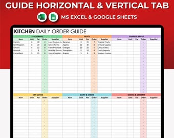 Restaurant Kitchen Spteadsheet Template, Kitchen Daily Order, Excel & Google Sheets, Restaurant Ordering, Digital Kitchen Order Planner