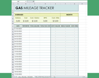 May include: A printable gas mileage tracker spreadsheet with columns for date, trip meter, total gallons, total fuel cost, cost per gallon, miles per gallon, and cost per mile. The spreadsheet is designed to help track gas expenses and mileage for a vehicle.