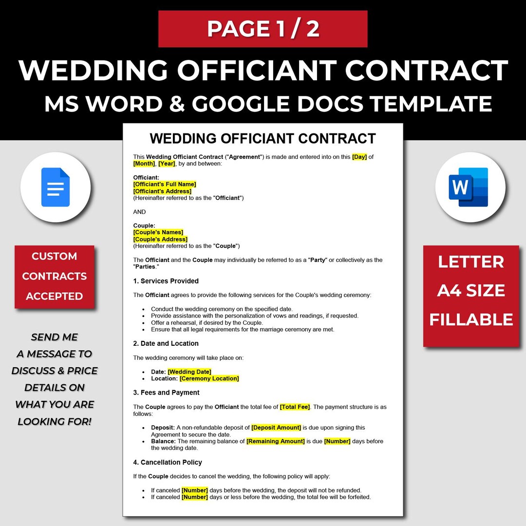 Wedding Officiant Contract Template Ceremony Agreement Editable Fillable Wedding Celebrant Wedding Officiant Contract Template Ceremony Agreement Editable Fillable Wedding Celebrant