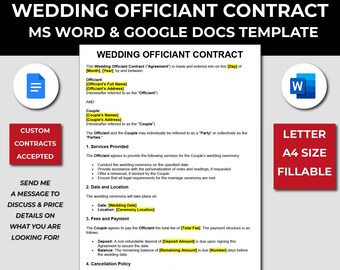 Modelo de contrato de oficiante de bodas. Acuerdo de ceremonia. Acuerdo de oficiante de bodas editable y rellenable. Condiciones de la ceremonia de matrimonio.