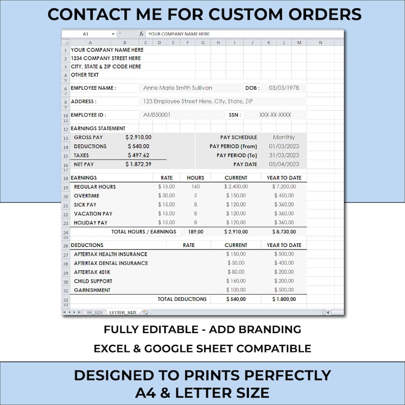 Excel Google Sheets Spreadsheet Template: Paystub Payroll Pay Stub Excel Google Sheets Spreadsheet Template: Paystub Payroll Pay Stub