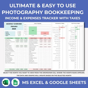 Spreadsheet fotografieboekhouding | Inkomsten en onkosten fotografie bijhouden | Belastingregistratie voor fotografen | Fotografie Excel Google Spreadsheets