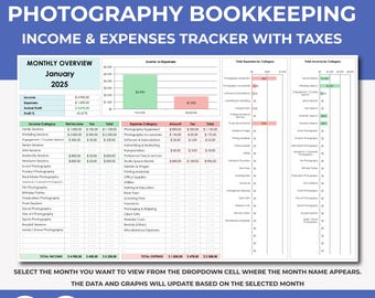 Feuille de calcul de comptabilité photographique | Suivi des revenus et des dépenses photographiques | Suivi fiscal des photographes | Photographie Excel Google Sheets