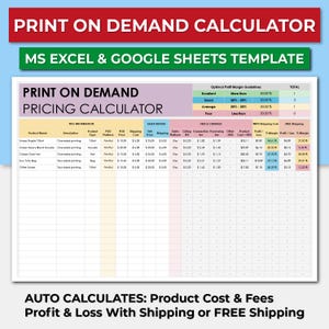 Print On Demand Preise Kosten & Gebühren Rechner Kalkulationstabellenvorlage. Preisspannen-Rechner. Profitieren Sie von Etsy. Excel Google Sheets.