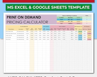 Modelo de planilha de cálculo de custos e taxas de preços de impressão sob demanda. Calculadora de margem de preço. Etsy Printify Profit. Planilhas Google Excel.