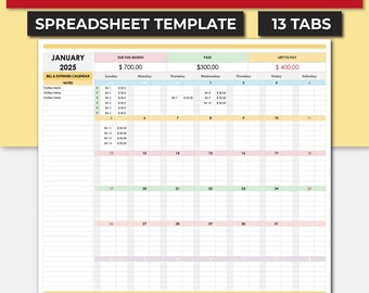 Bill Planner Excel Calendar Spreadsheet Template. Bill Tracker Spreadsheet. Google Sheets Bill Calendar. Bill & Expenses Payment Tracker.