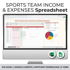Può includere: Uno schermo di computer che mostra un modello di foglio di calcolo per tenere traccia dei redditi e delle spese di una squadra sportiva. Il foglio di calcolo è intitolato "Budget della squadra sportiva (tracker di redditi e spese)" e include colonne per la data, il mese, i redditi, le spese e le descrizioni. Il foglio di calcolo include anche un grafico a torta che mostra le spese per categoria. Il testo "MS Excel | Google Sheets | Download immediato | 2 schede" viene visualizzato nella parte inferiore dello schermo.