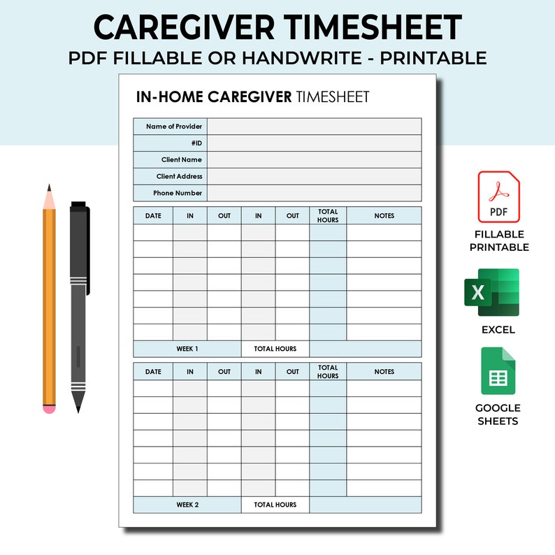 Editable Caregiver Timesheet, Home Health Care Time Sheet, Caregiver