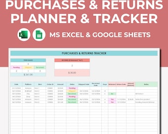 Spreadsheetsjabloon aankopen en retouren tracker, Excel Google Spreadsheets, logboek voor aankopen, terugbetalingen, transactieretourrecord, winkelactiviteit
