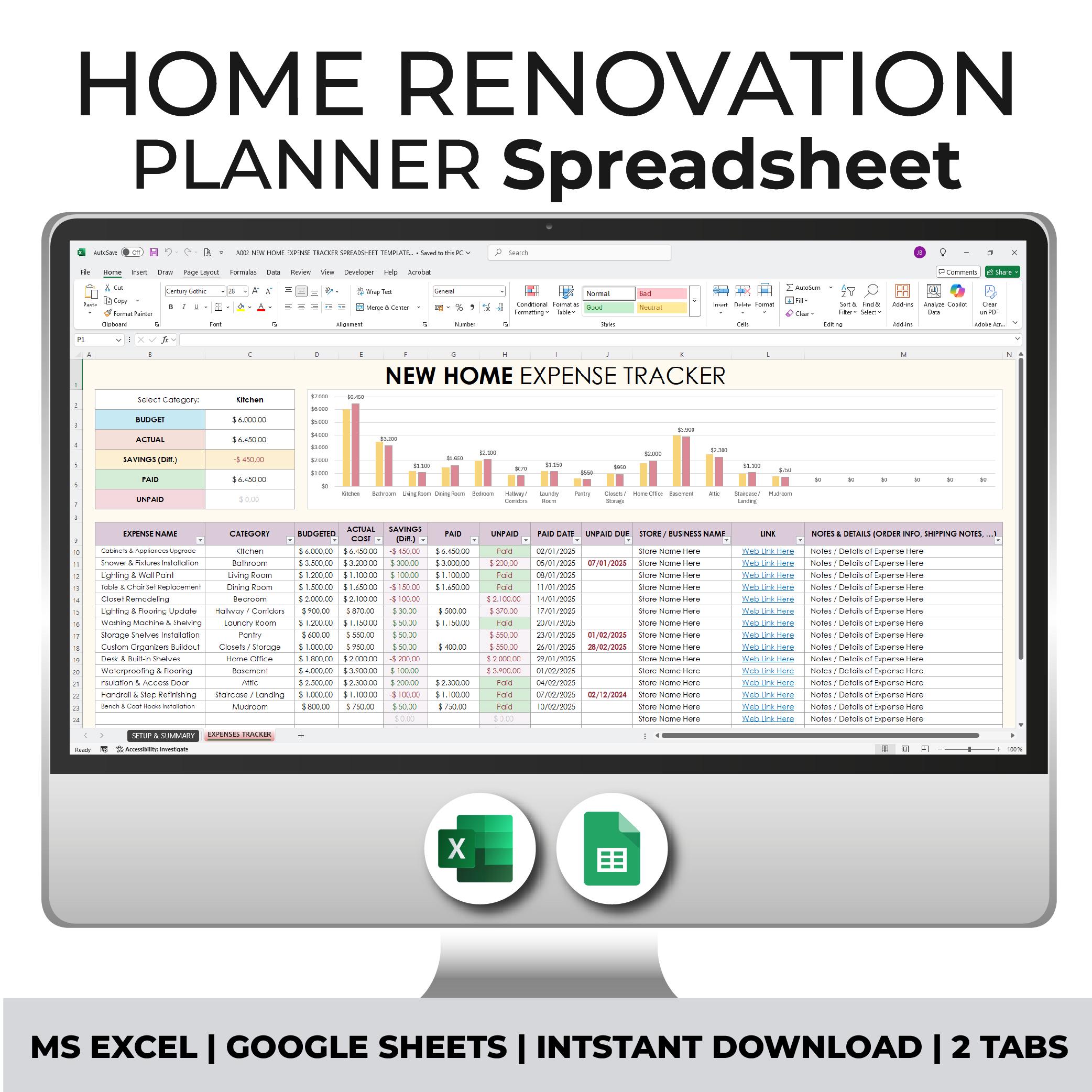 Home Renovation Cost Planner Spreadsheet Template, Home Improvement ...