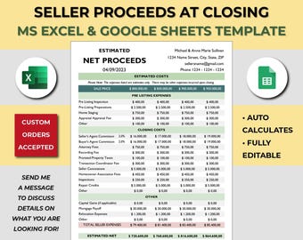 Seller Net Proceeds Sheet Template. Excel & Google Sheets. Real State Net Sheet. Home Seller Presentation Sheet. Estimated Seller Costs.