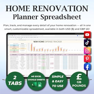 Apartment Renovation Tracker, Budget Template for New Homeowners, Financial Planning for Renovation, Excel & Google Sheets Spreadsheet