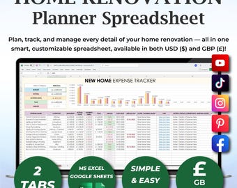 Peut inclure: Un écran d'ordinateur portable affiche une feuille de calcul de planificateur de rénovation domiciliaire. La feuille de calcul est conçue pour suivre les dépenses et gérer les détails. Comprend 2 onglets, compatible MS Excel/Google Sheets.