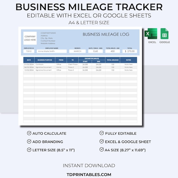 Business Mileage Log, Monthly Mileage Log, Work Mileage Tracker, Mileage Expense Form, Mileage Log Tracker, Mileage Report Form,Work Mileage