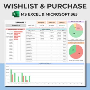 Può includere: Un foglio di calcolo con uno schema di colori verde e blu che mostra una ripartizione del budget in percentuale e un riepilogo del budget. Il foglio di calcolo include un grafico che mostra il budget rispetto al reale per categoria. Il grafico ha barre verdi e rosa. Il foglio di calcolo include un grafico a torta che mostra la percentuale di bisogni, desideri e regali. Il grafico a torta ha sezioni verdi, gialle e rosa. Il foglio di calcolo include un grafico a torta che mostra la percentuale del budget totale rispetto al reale totale. Il grafico a torta ha sezioni verdi e rosa. Il foglio di calcolo include il testo "WISHLIST & PURCHASE" e "MS EXCEL & MICROSOFT 365".