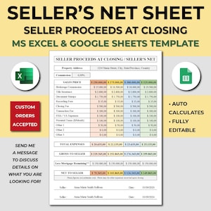 Puede incluir: Una plantilla de hoja de cálculo para calcular las ganancias del vendedor al cierre. La plantilla incluye campos para el precio de venta, la comisión, el seguro de título, los sellos de documentos, las tarifas de registro, la tarifa de cierre, la tarifa de transacción, los gastos de FHA/VA, los impuestos prorrateados y otros gastos. La plantilla también incluye campos para el bruto al vendedor, menos el saldo de la hipoteca y el neto al vendedor. La plantilla está diseñada para ser utilizada con Microsoft Excel o Google Sheets.