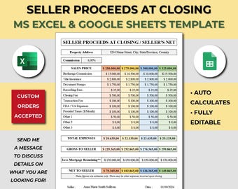 Seller's Net Spreadsheet. Seller Proceeds Sheet. Seller Estimated Closing Cost. Closing Cost Calculator. Excel & Google Sheet Template.