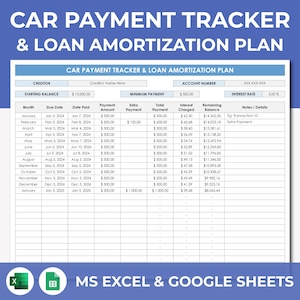 May include: A printable car payment tracker and loan amortization plan spreadsheet template. The spreadsheet includes columns for month, due date, date paid, payment amount, extra payment, total payment, interest charged, remaining balance, and notes/details. The spreadsheet is designed to help users track their car payments and loan amortization.