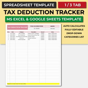Expense Deduction Tax Tracker. Tax Deduction Tracker Excel Google Sheets Spreadsheet Template. Small Business Tax Preparation Google Sheets