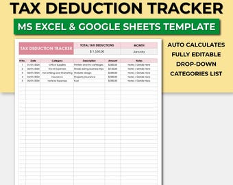Avdragsskattespårare för utgifter. Skatteavdragsspårare i Excel, kalkylbladsmall för Google Sheets. Skatteförberedelse för småföretag i Google Sheets.