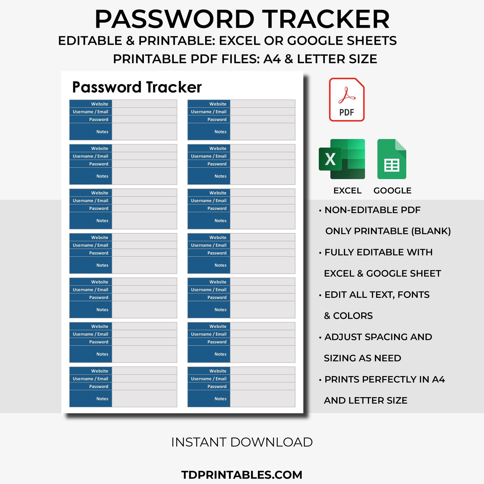 Password Tracker, Printable PDF, Editable Google Sheets & Excel ...