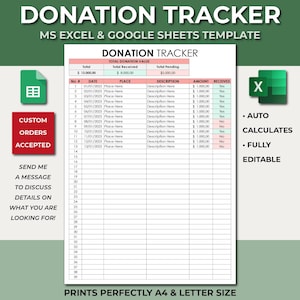 Donation Tracker Spreadsheet Template. Excel & Google Sheets. Donation List. Donation Log. Tax Preparation Donations Spreadsheet Template