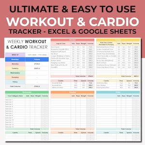 May include: A printable workout and cardio tracker spreadsheet in Excel and Google Sheets format. The spreadsheet includes sections for weekly volume, leg and core exercises, push day exercises, and cardio. The spreadsheet is colour-coded with pink, blue, and green.