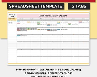 Family To Do List & Activities Calendar Spreadsheet Template. Monthly Family Planner. Family Organizer. Home Management Calendar.