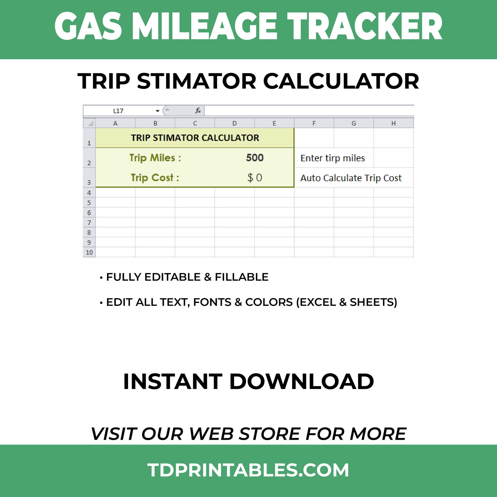 Gas Mileage Tracker. Mileage Log Sheet. Auto Calculate Excel ...