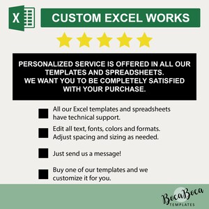 Puede incluir: Una pancarta verde con el texto "CUSTOM EXCEL WORKS" y cinco estrellas amarillas. Una pancarta negra con el texto "PERSONALIZED SERVICE IS OFFERED IN ALL OUR TEMPLATES AND SPREADSHEETS. WE WANT YOU TO BE COMPLETELY SATISFIED WITH YOUR PURCHASE."  Una lista de cuatro vi&ntilde;etas con descripciones de los servicios ofrecidos. El texto "BocaBoca TEMPLATES" est&aacute; en la parte inferior de la imagen.